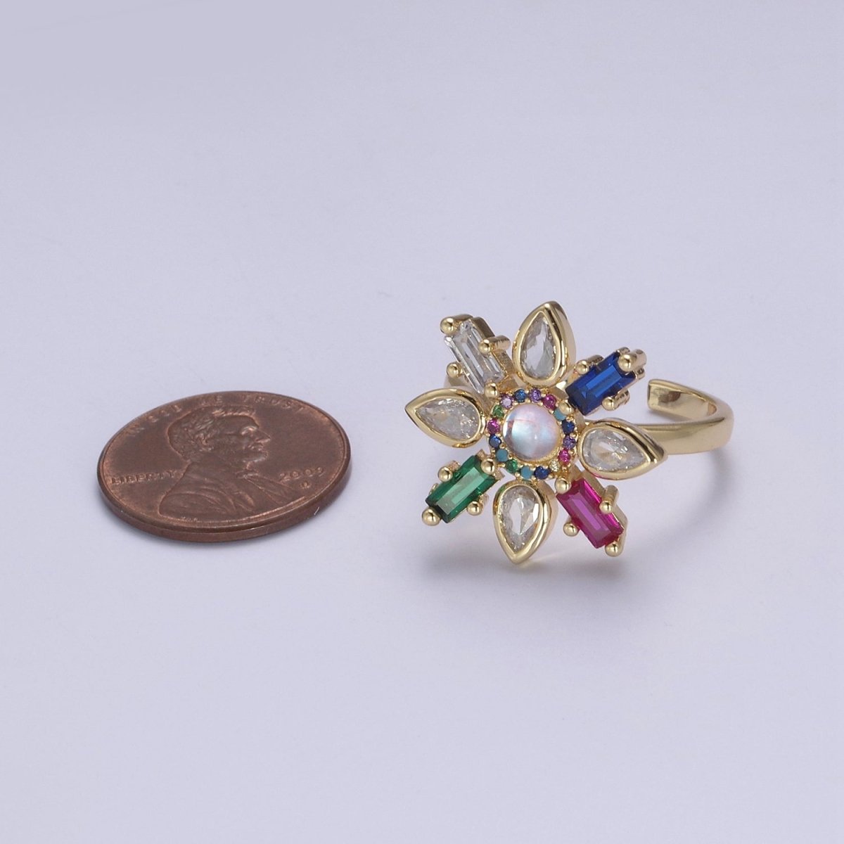 Clear & Rainbow Crystal Zirconia Flower Ring, Dainty Mother Nature 24K Gold plated Adjustable Statement Ring | U-457 U-458