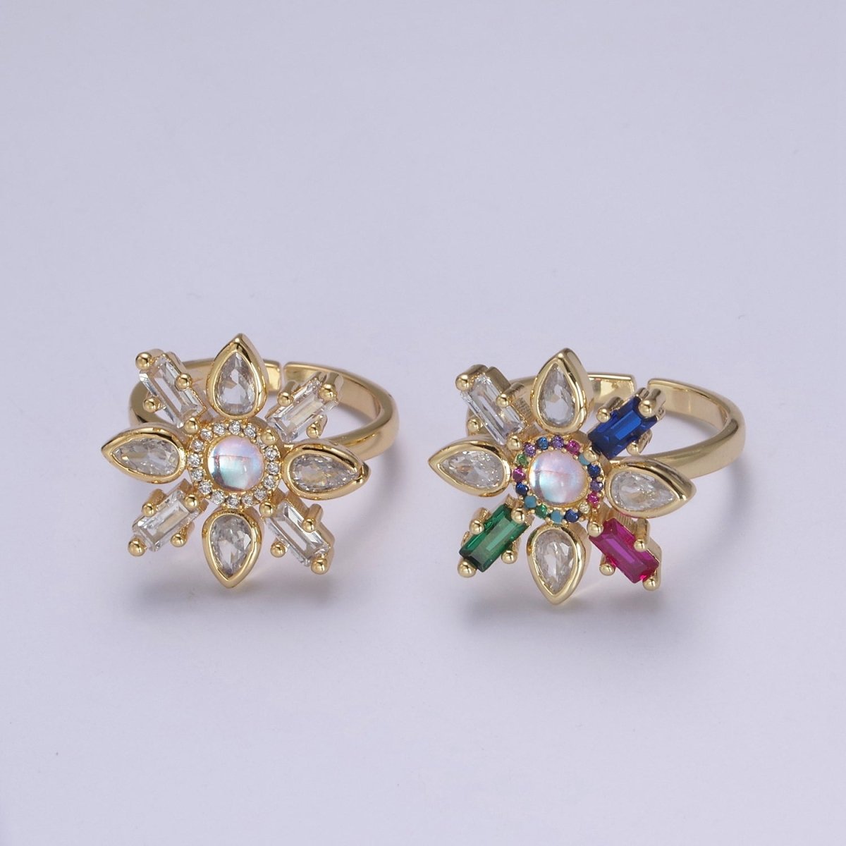 Clear & Rainbow Crystal Zirconia Flower Ring, Dainty Mother Nature 24K Gold plated Adjustable Statement Ring | U-457 U-458