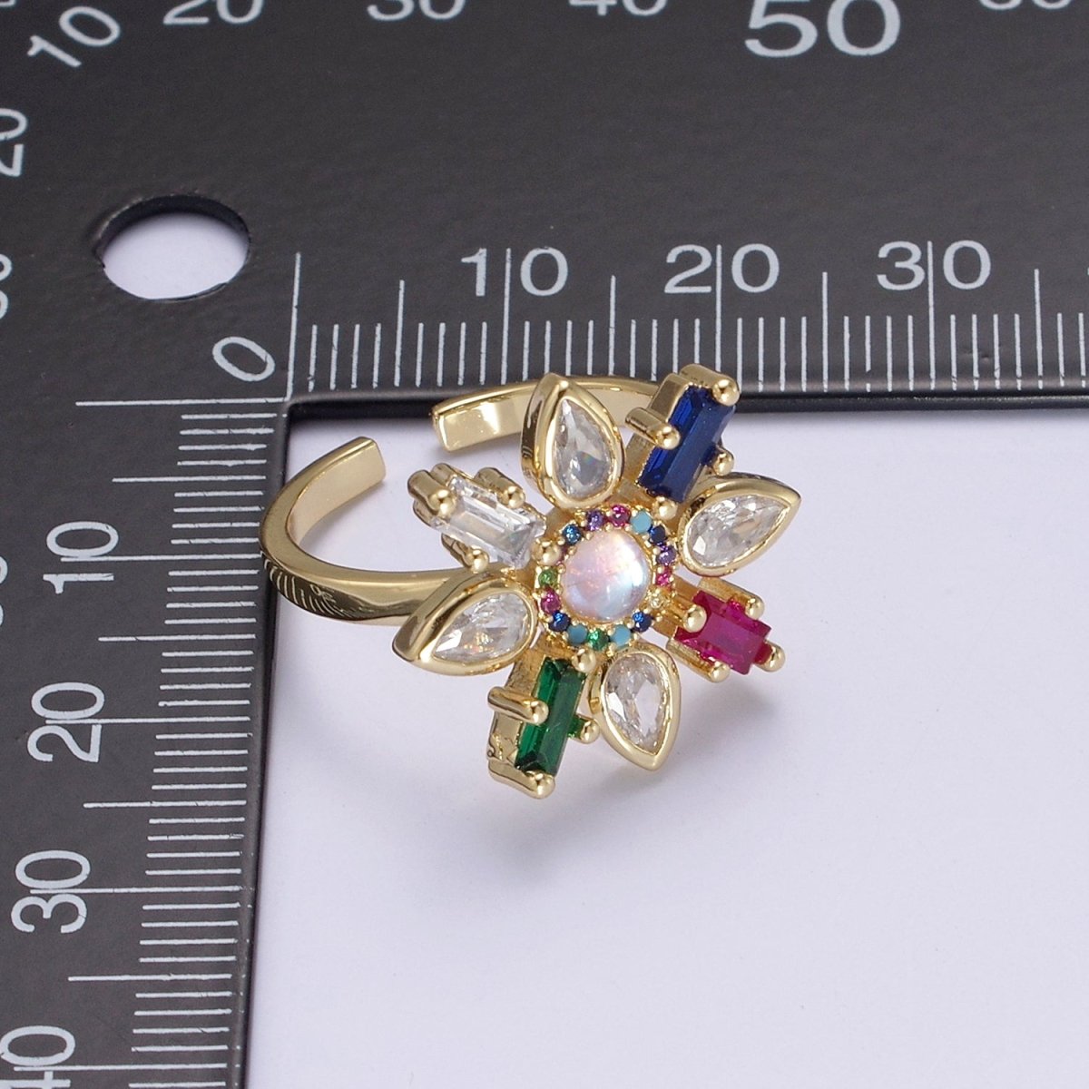 Clear & Rainbow Crystal Zirconia Flower Ring, Dainty Mother Nature 24K Gold plated Adjustable Statement Ring | U-457 U-458