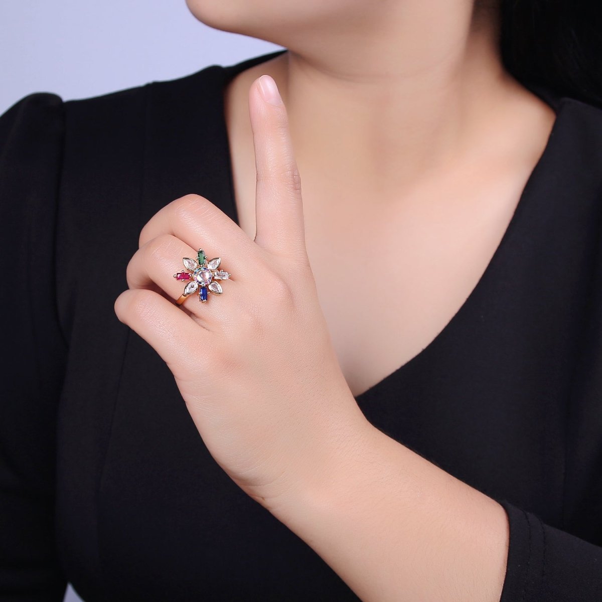 Clear & Rainbow Crystal Zirconia Flower Ring, Dainty Mother Nature 24K Gold plated Adjustable Statement Ring | U-457 U-458