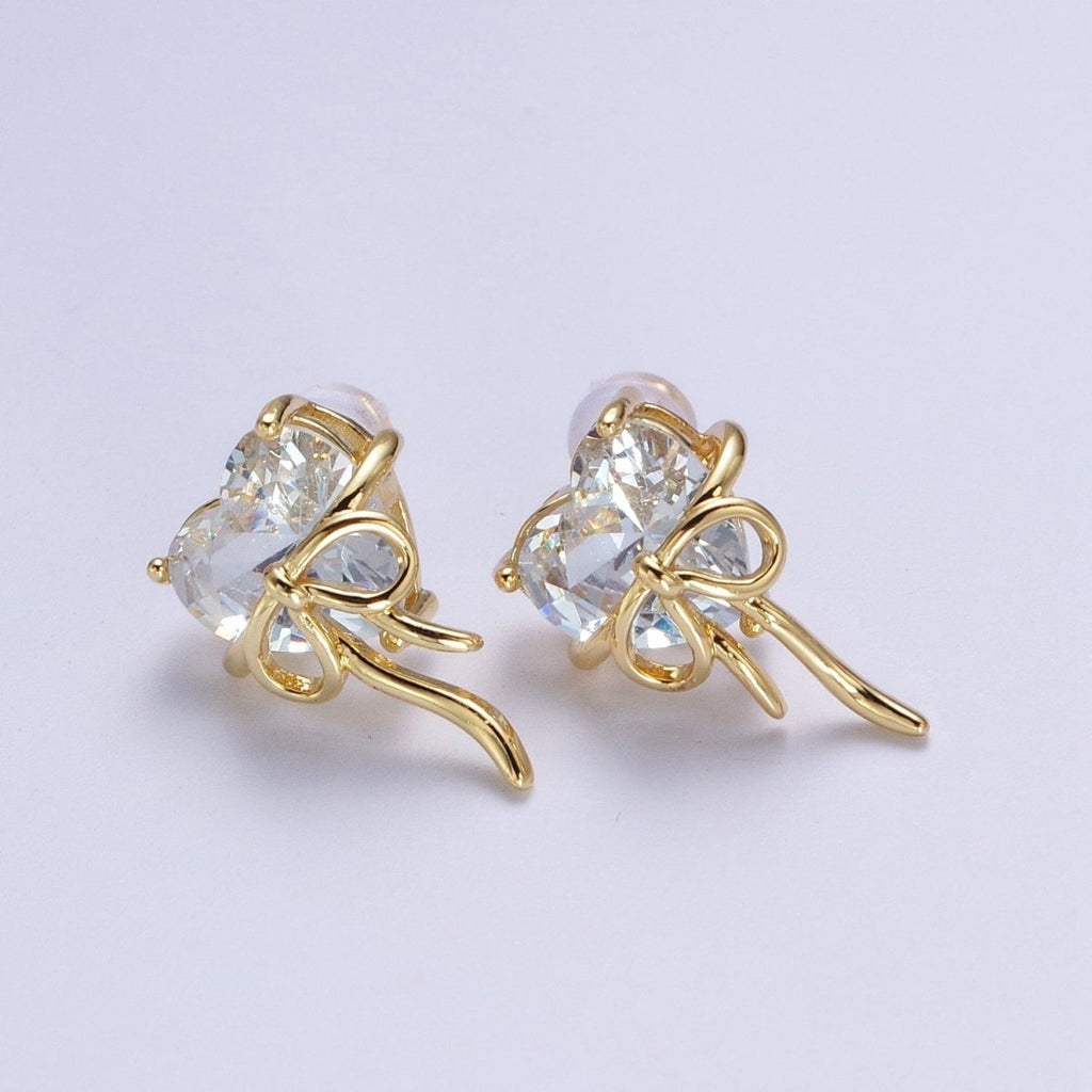 Clear / Red Heart Cubic Zirconia Ribbon Gold Studs Earrings For Valentine Love | AD-075 AD-076