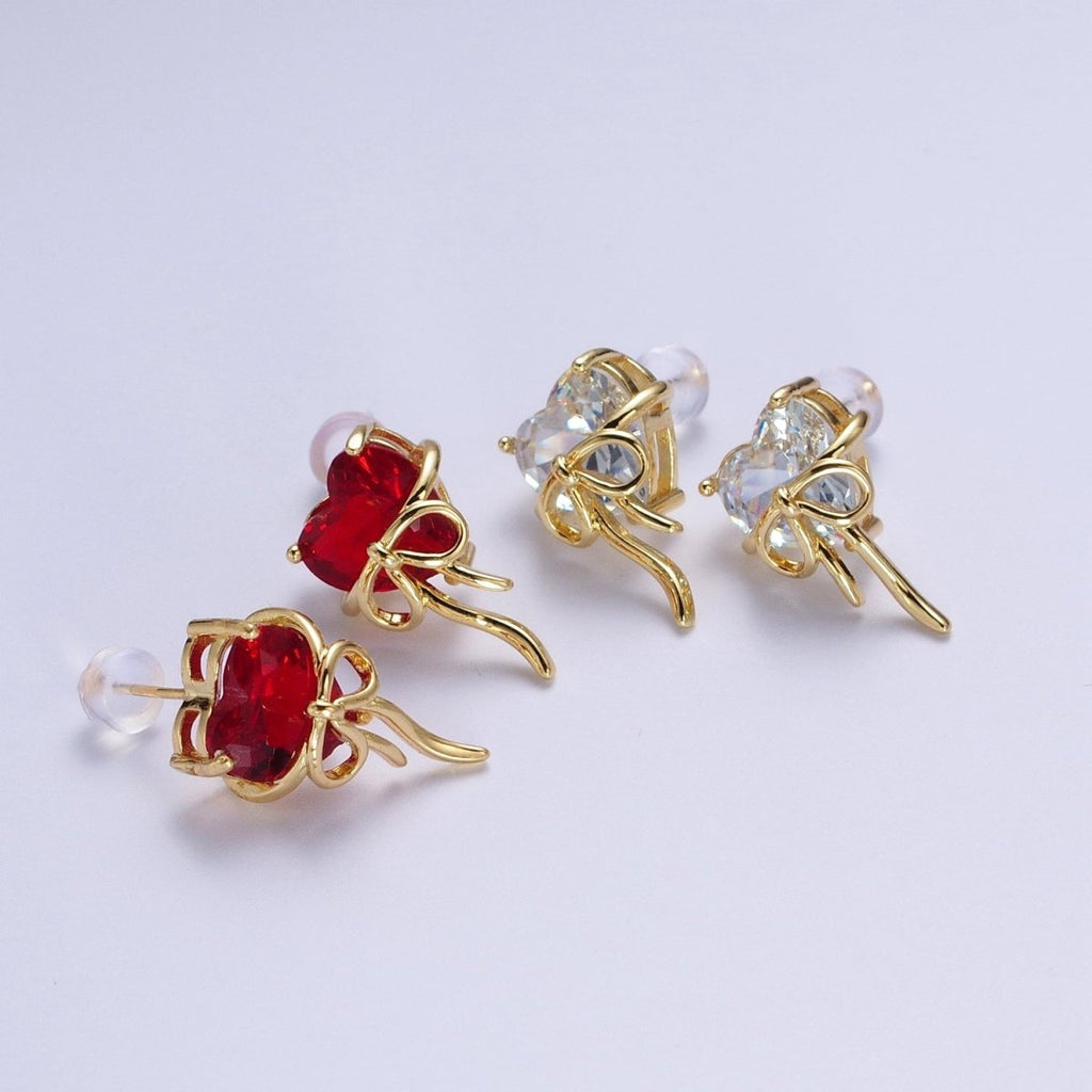Clear / Red Heart Cubic Zirconia Ribbon Gold Studs Earrings For Valentine Love | AD-075 AD-076