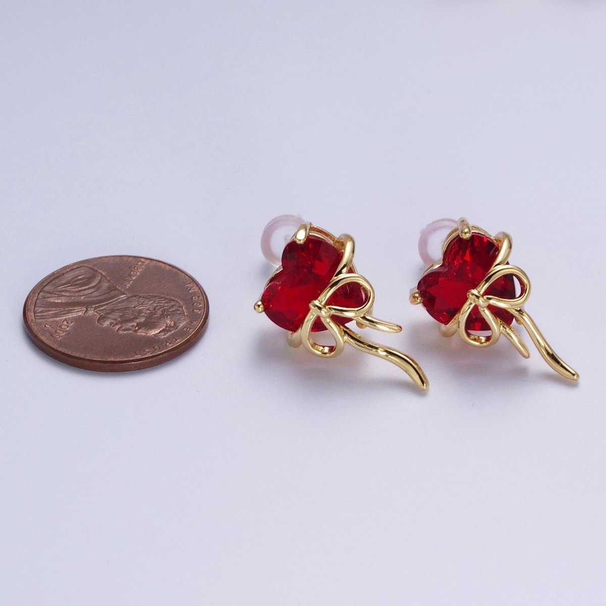 Clear / Red Heart Cubic Zirconia Ribbon Gold Studs Earrings For Valentine Love | AD-075 AD-076
