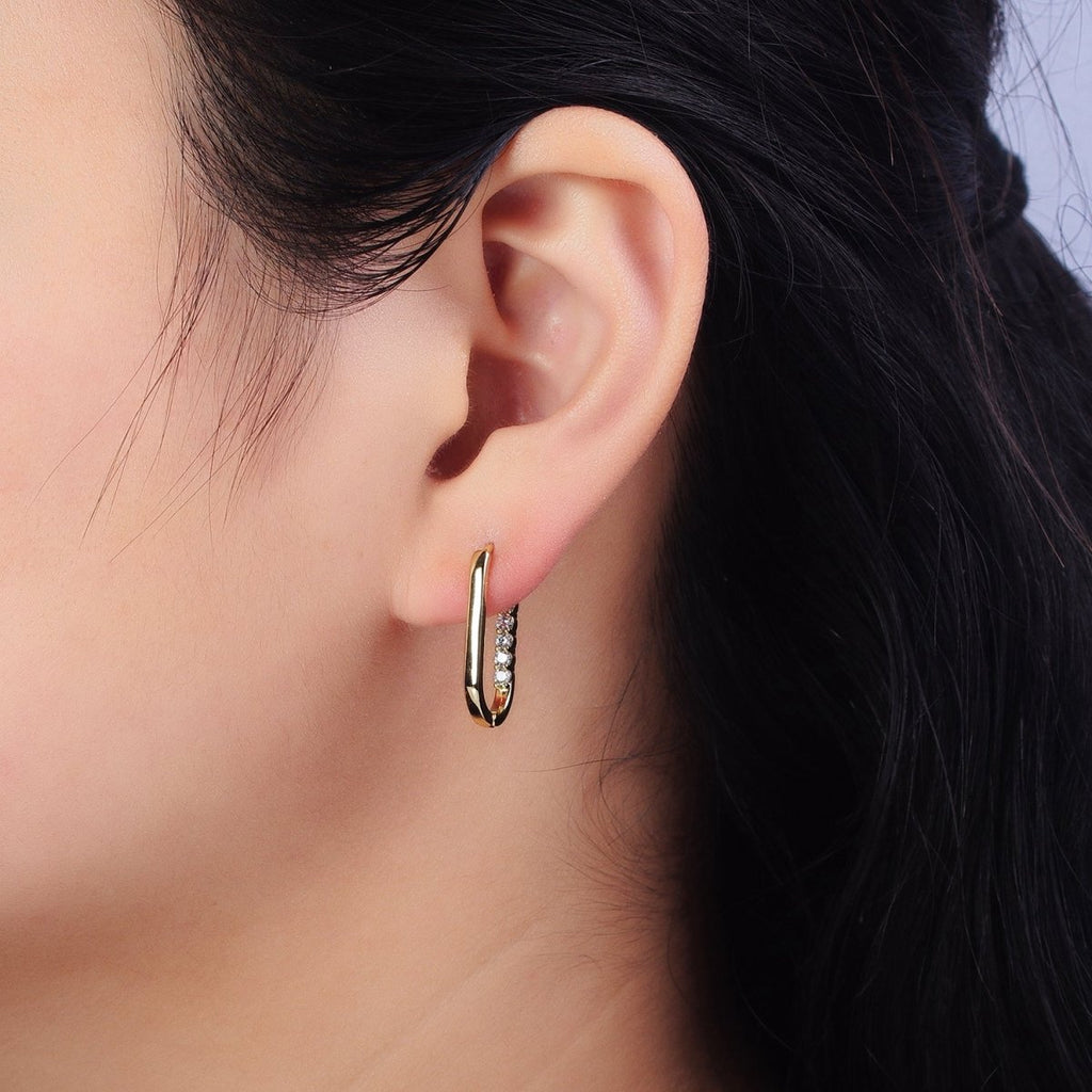 Clear Round CZ Lined Oblong U-Shaped Minimalist Hoop Earrings | AB413 - DLUXCA