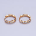 Clear Round Dotted CZ Lined 14.4mm Pinky Gold Huggie Hoop Earrings | V-041 - DLUXCA