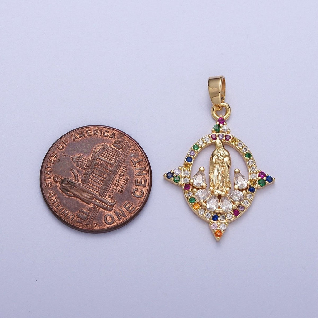 Colorful CZ Gold Four - Point Virgin Mary Oval Pendant, 24K Gold Plated Micro Paved CZ Marquise Cut Crystals Lady of Guadalupe Charm H - 001 - DLUXCA