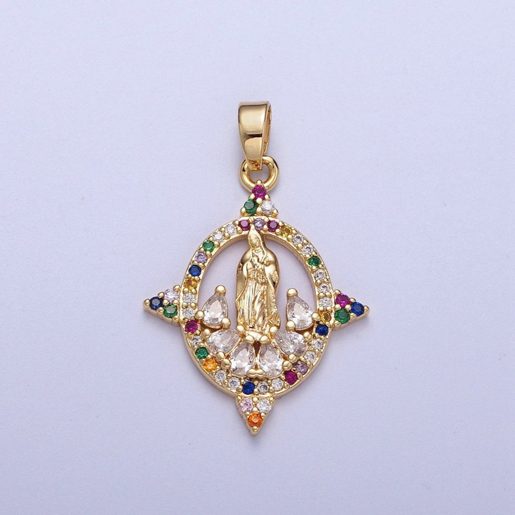 Colorful CZ Gold Four-Point Virgin Mary Oval Pendant, 24K Gold Plated Micro Paved CZ Marquise Cut Crystals Lady of Guadalupe Charm H-001 - DLUXCA