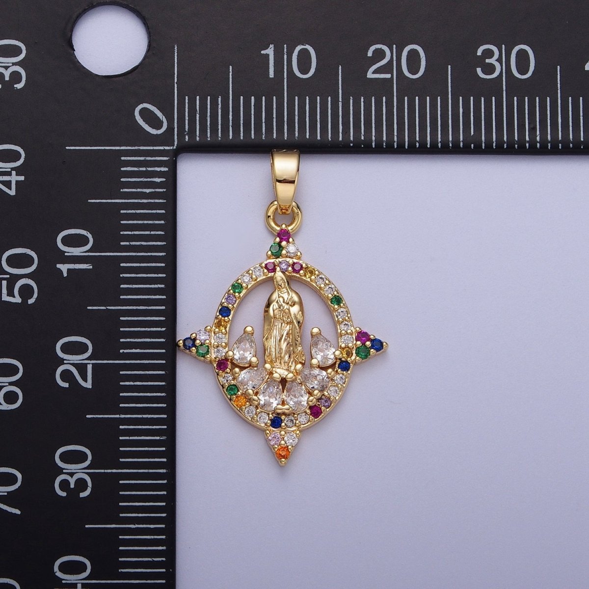 Colorful CZ Gold Four-Point Virgin Mary Oval Pendant, 24K Gold Plated Micro Paved CZ Marquise Cut Crystals Lady of Guadalupe Charm H-001 - DLUXCA