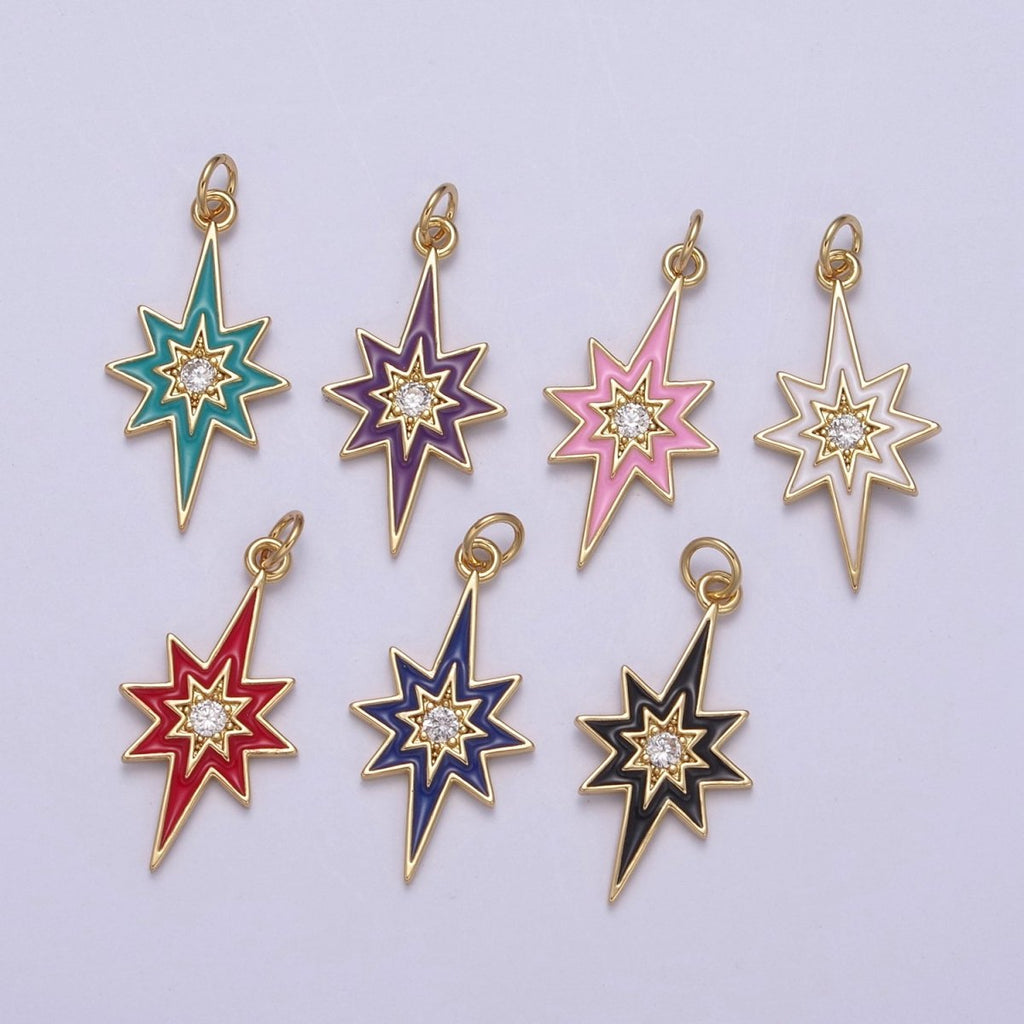 Colorful Enamel Star Charm 8 Point Star Starburst North Star Pendant - Gold plated Statement Celestial Charm Pendant N-729 - N-735 - DLUXCA
