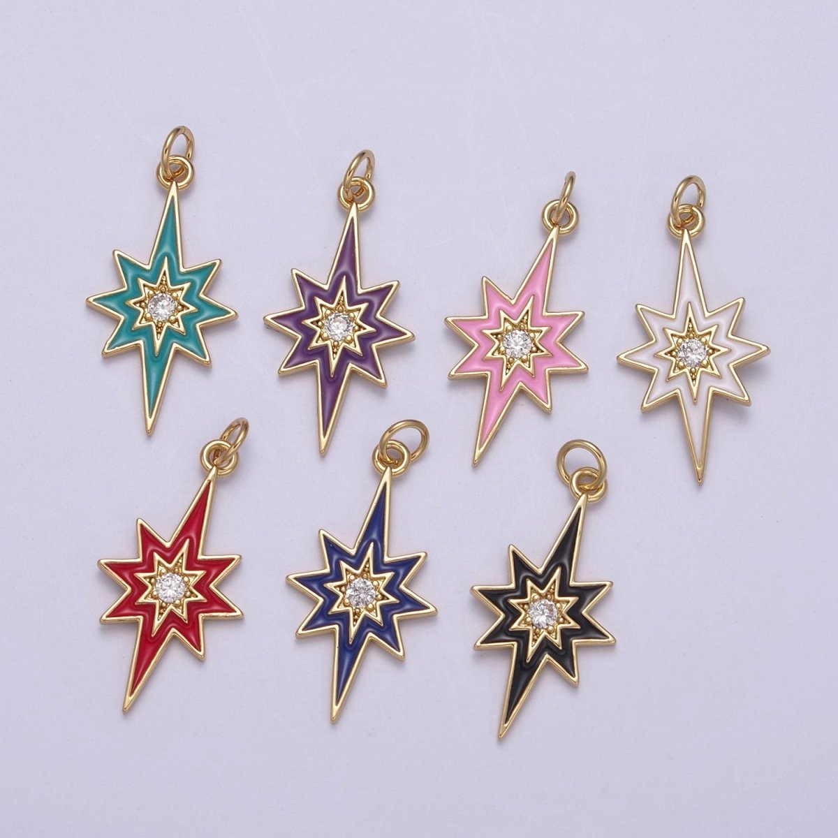 Colorful Enamel Star Charm 8 Point Star Starburst North Star Pendant - Gold plated Statement Celestial Charm Pendant N-729 - N-735 - DLUXCA