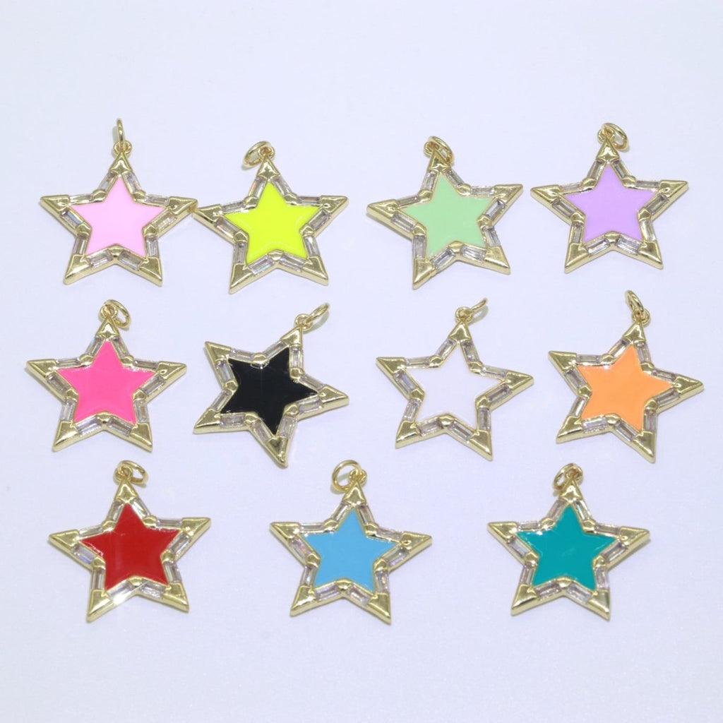 Colorful Enamel Star Charm Pendant, Red Yellow Pink Green Blue Enamel Cubic Pendant, 14K gold plated Celestial Jewelry Making Supply M-325-M-335