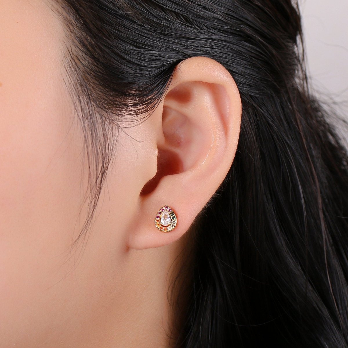Colorful Gold Tiny Stud Earrings - Rainbow Micro Pave Studs - Dainty CZ Studs 10mm Tear Drop Crystal Small Stud Earrings Q-252 - DLUXCA