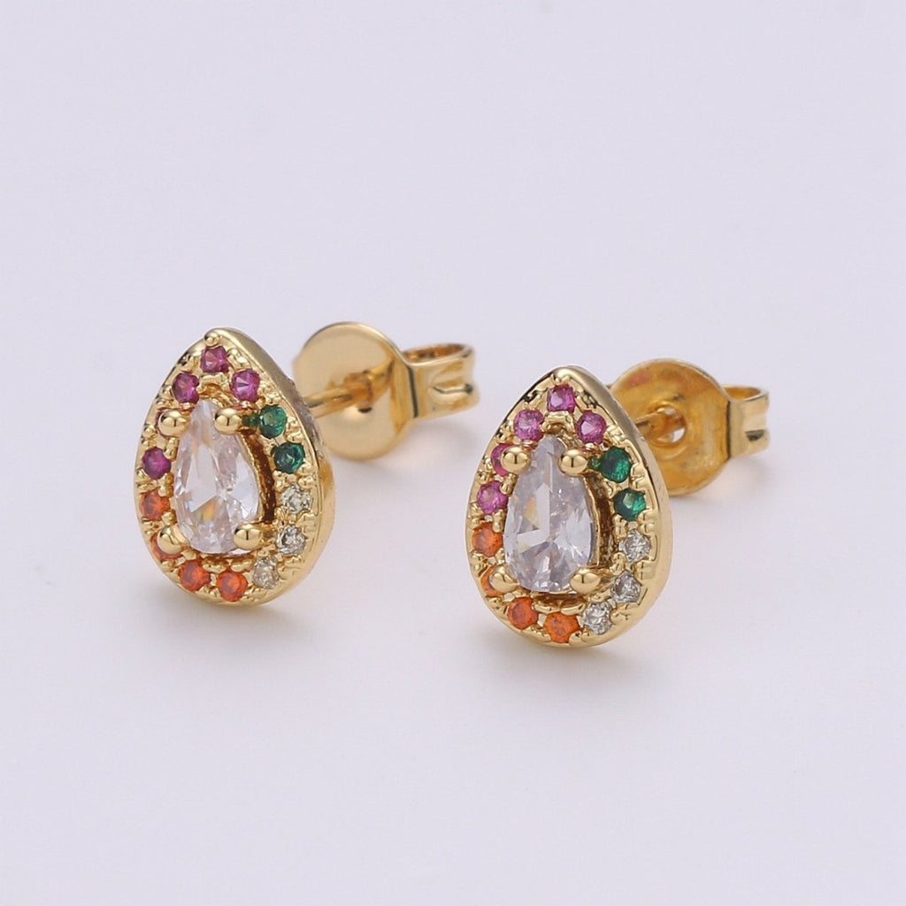 Colorful Gold Tiny Stud Earrings - Rainbow Micro Pave Studs - Dainty CZ Studs 10mm Tear Drop Crystal Small Stud Earrings Q-252 - DLUXCA
