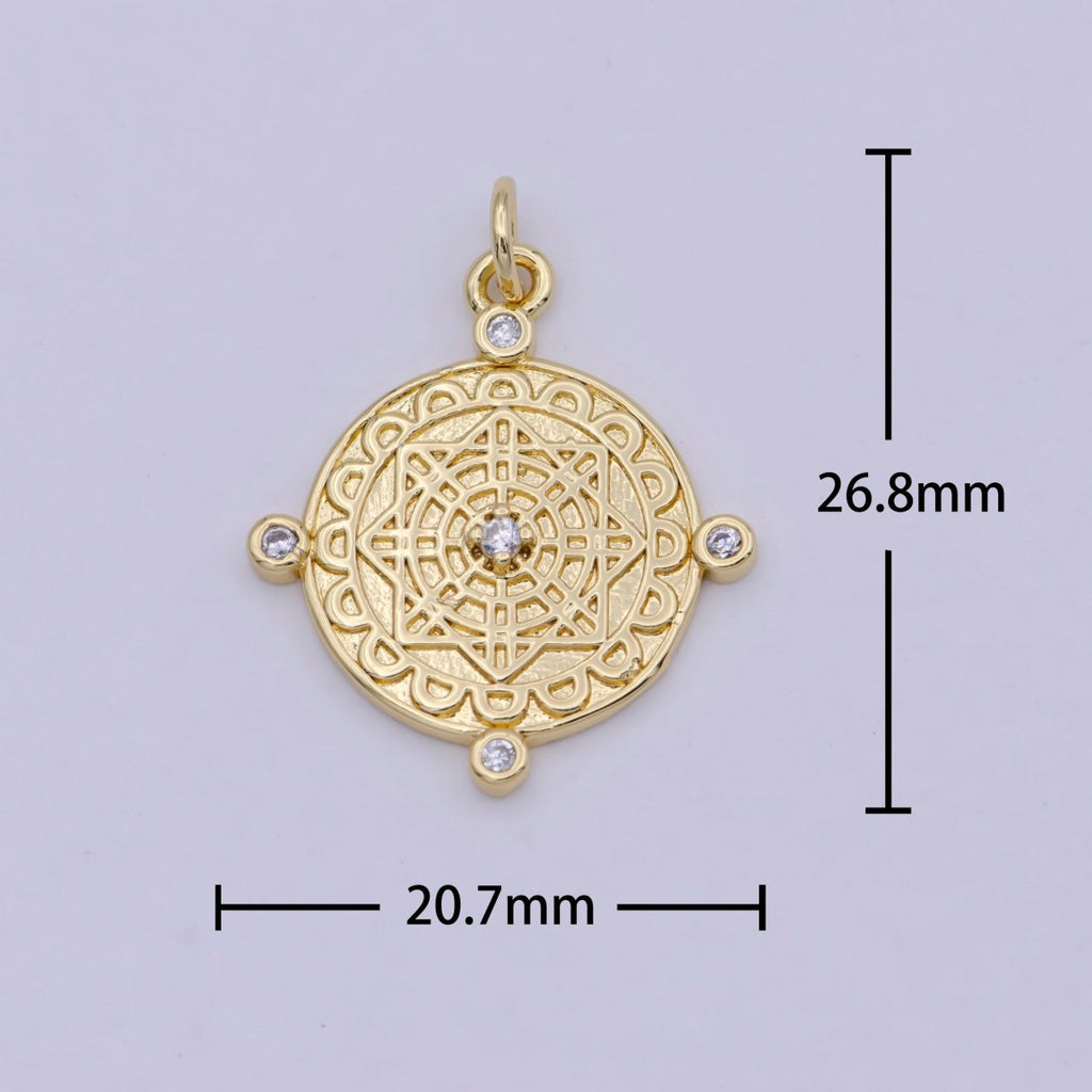 Compass Pendant, cubic zirconia cz diamonds, 14K Gold plated, medallion pendant for Necklace Jewelry Making W-170 - DLUXCA