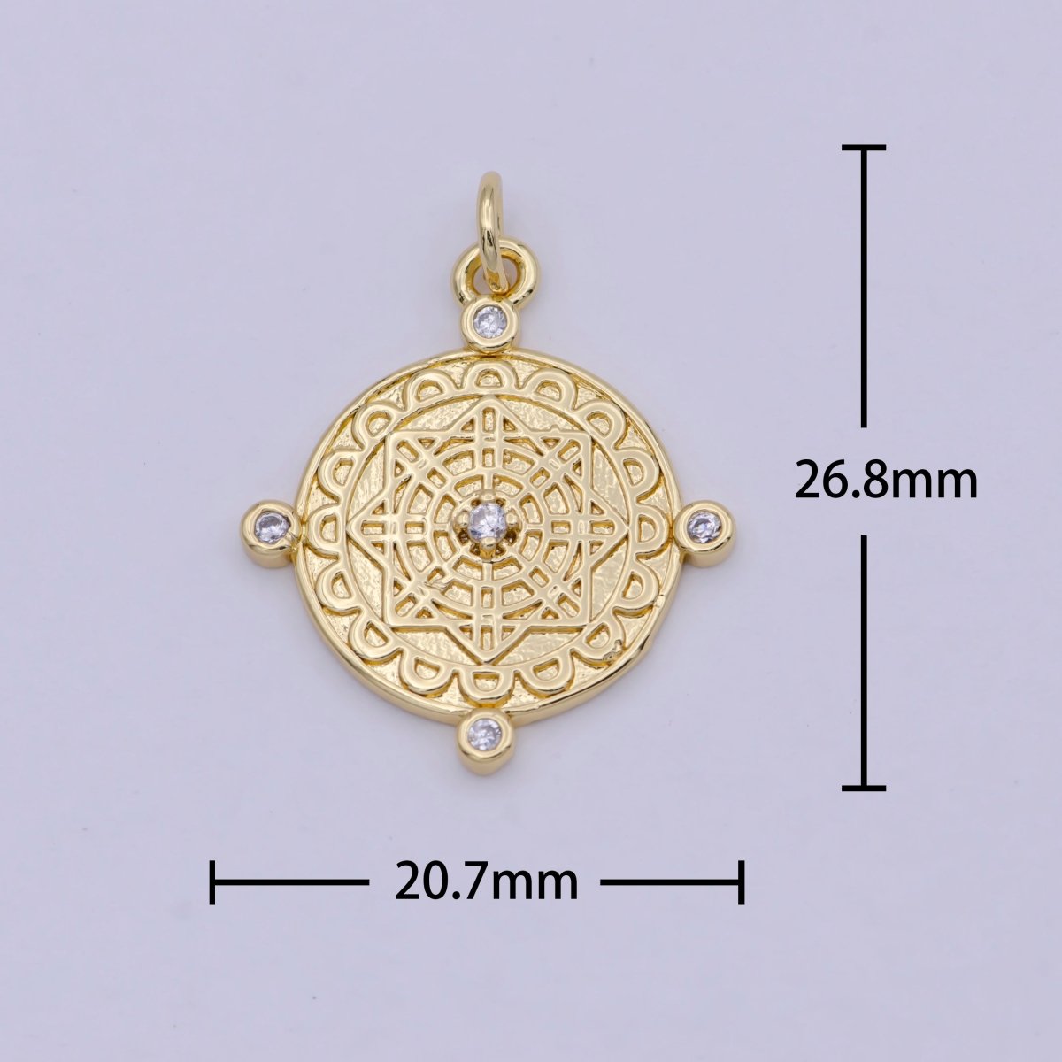 Compass Pendant, cubic zirconia cz diamonds, 14K Gold plated, medallion pendant for Necklace Jewelry Making W-170 - DLUXCA