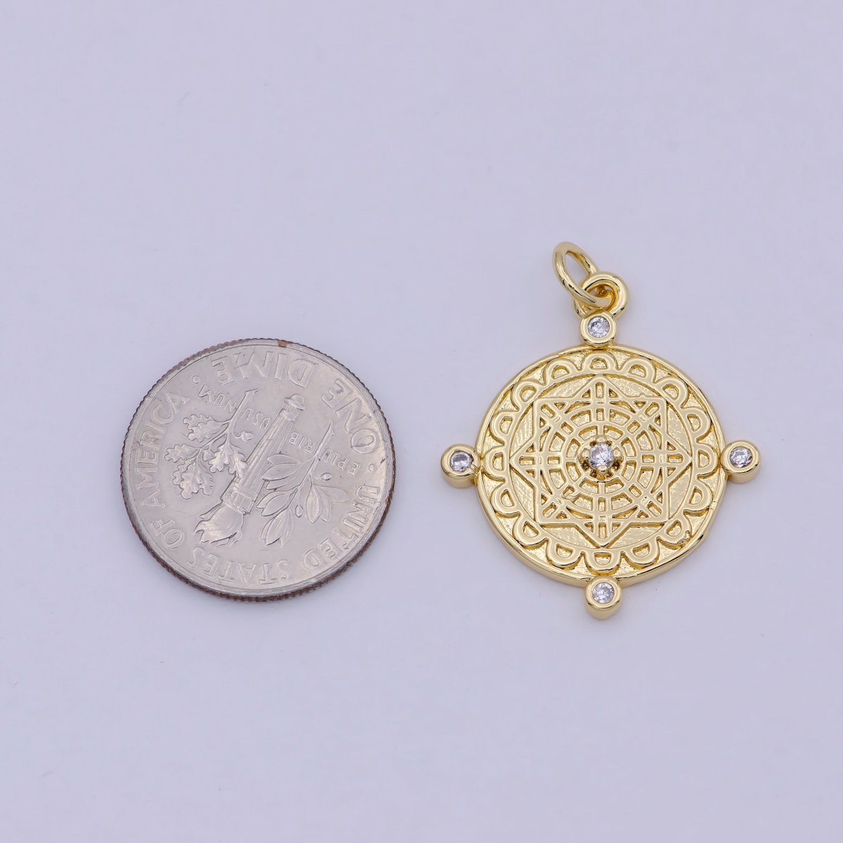 Compass Pendant, cubic zirconia cz diamonds, 14K Gold plated, medallion pendant for Necklace Jewelry Making W-170 - DLUXCA