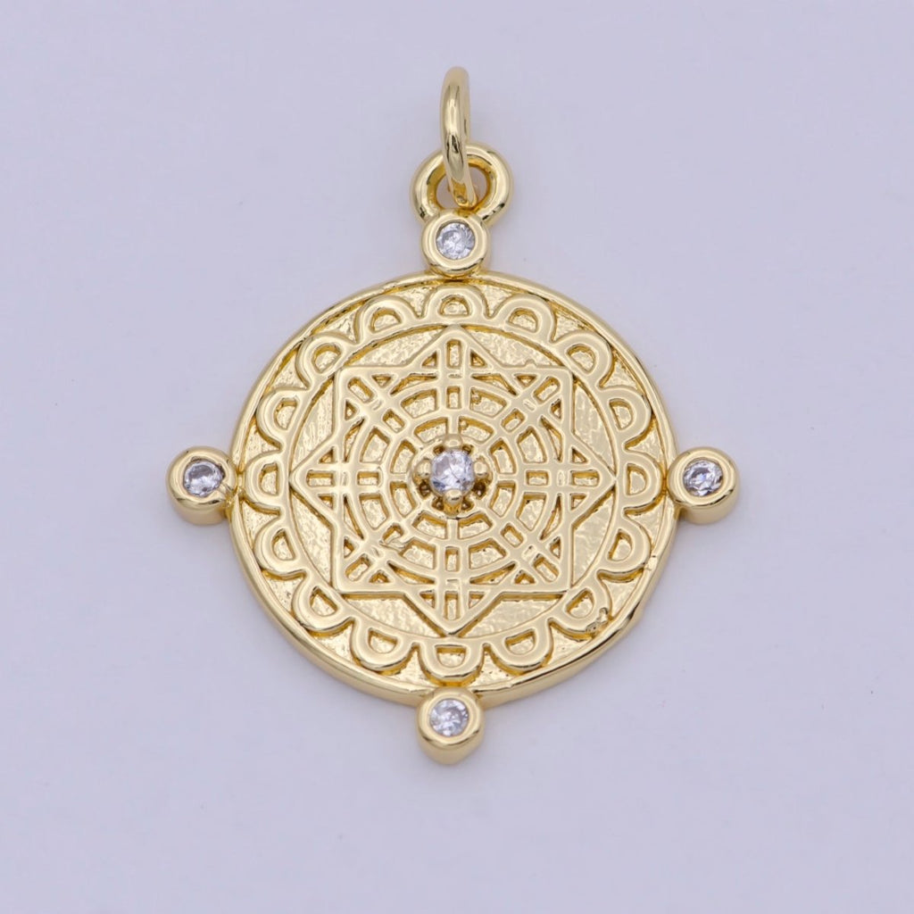 Compass Pendant, cubic zirconia cz diamonds, 14K Gold plated, medallion pendant for Necklace Jewelry Making W-170 - DLUXCA