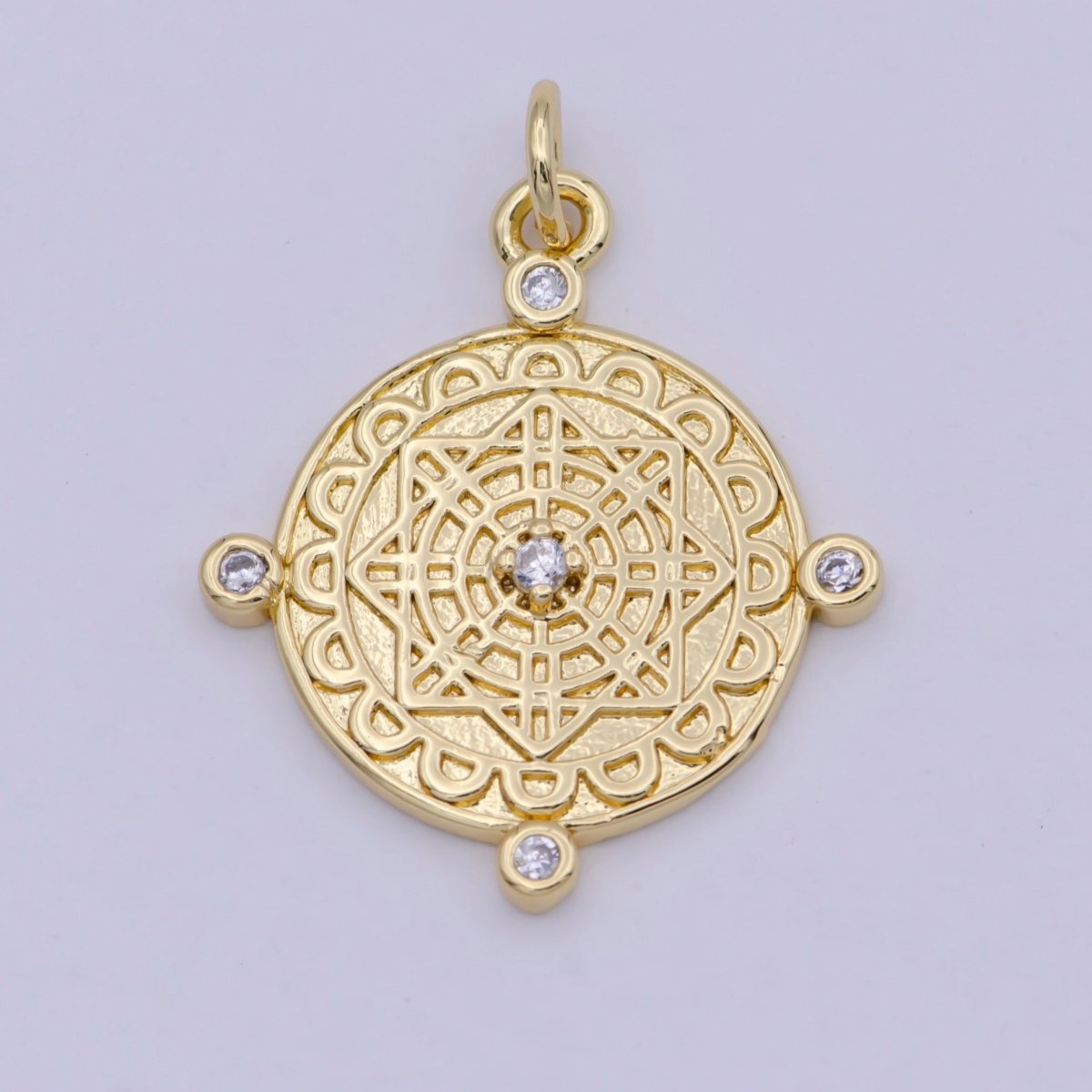 Compass Pendant, cubic zirconia cz diamonds, 14K Gold plated, medallion pendant for Necklace Jewelry Making W-170 - DLUXCA