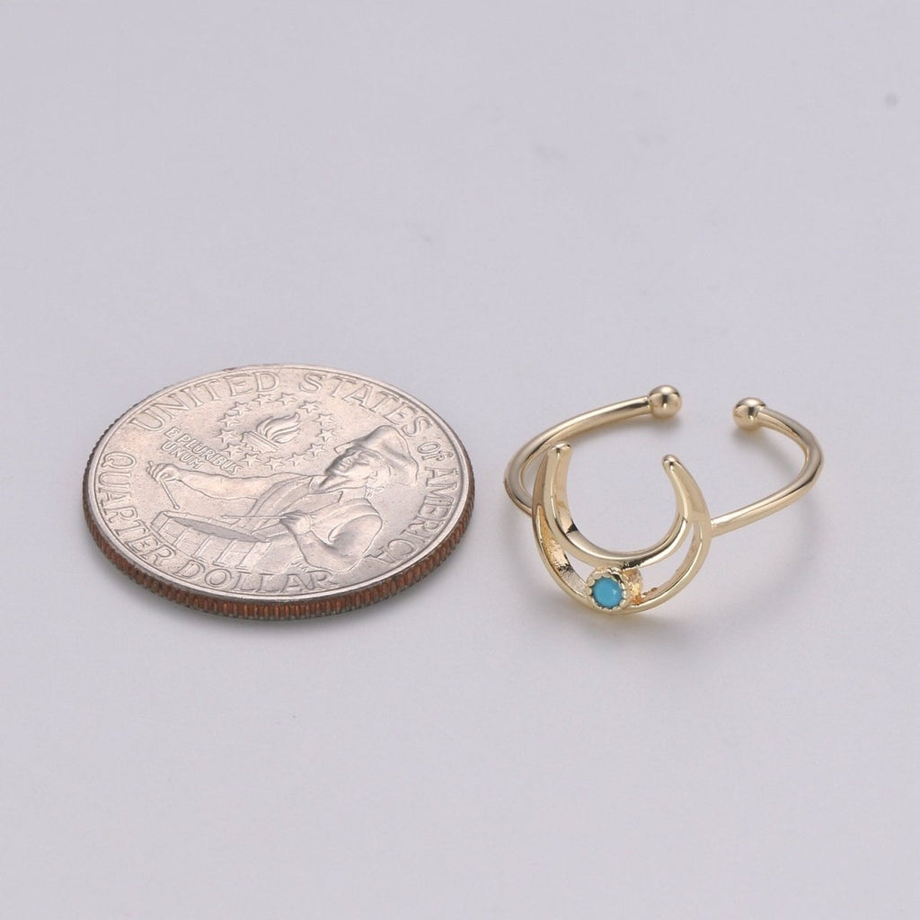 Crescent Moon Ring, Open Moon Ring, Turqouise ring, Blue Moon Ring, Celestial Jewelry, Adjustable Gold Open Ring, Christmas gift R-111 - DLUXCA