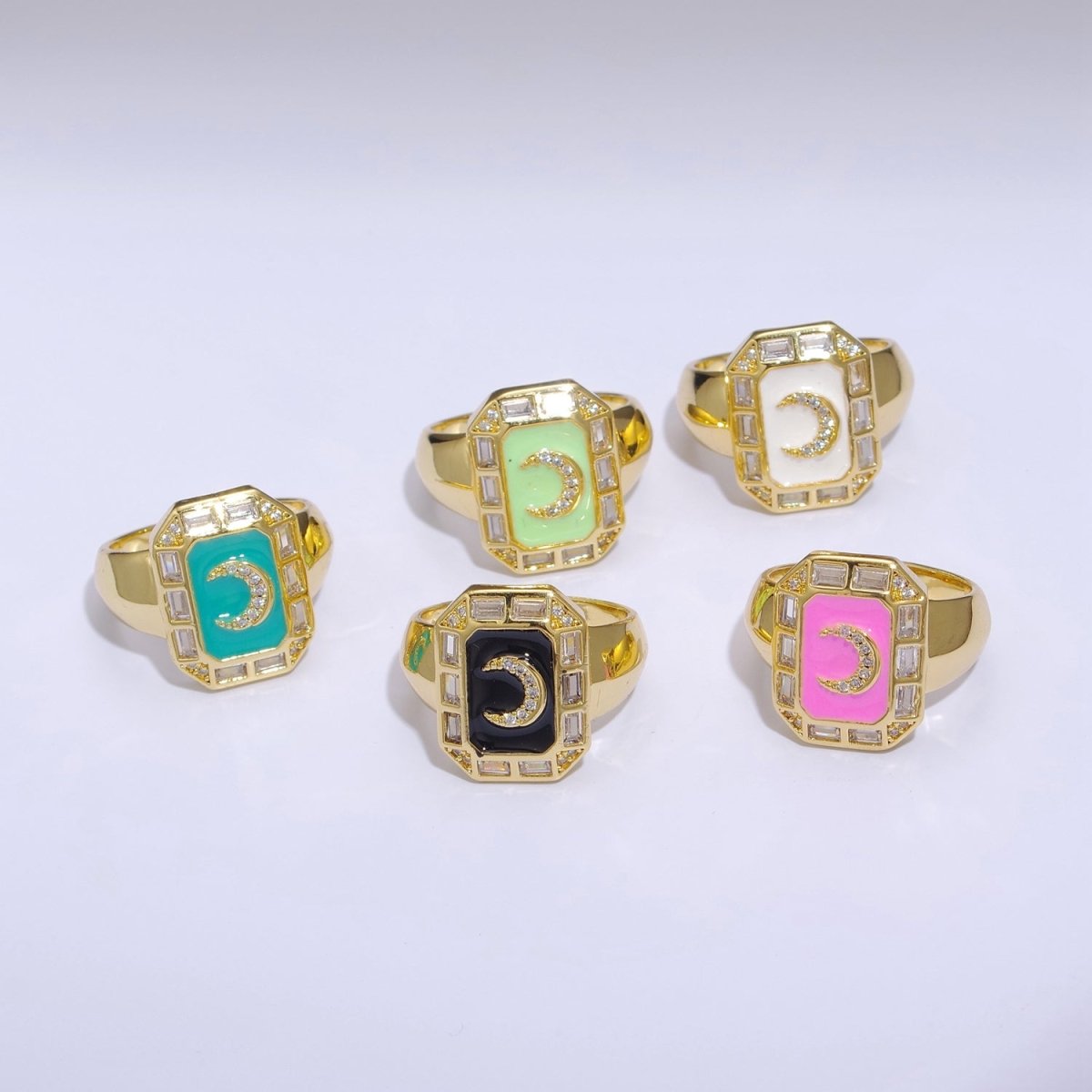 Crescent Moon Spinel Signet Ring Gold Chunky Ring Celestial Enamel Colorful Cz Jewelry U-001~U-005 - DLUXCA