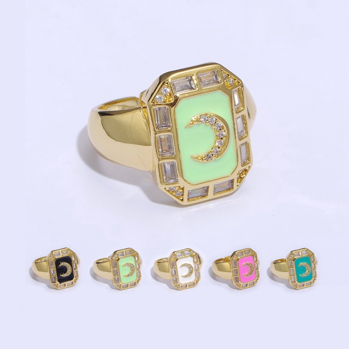Crescent Moon Spinel Signet Ring Gold Chunky Ring Celestial Enamel Colorful Cz Jewelry U-001~U-005 - DLUXCA