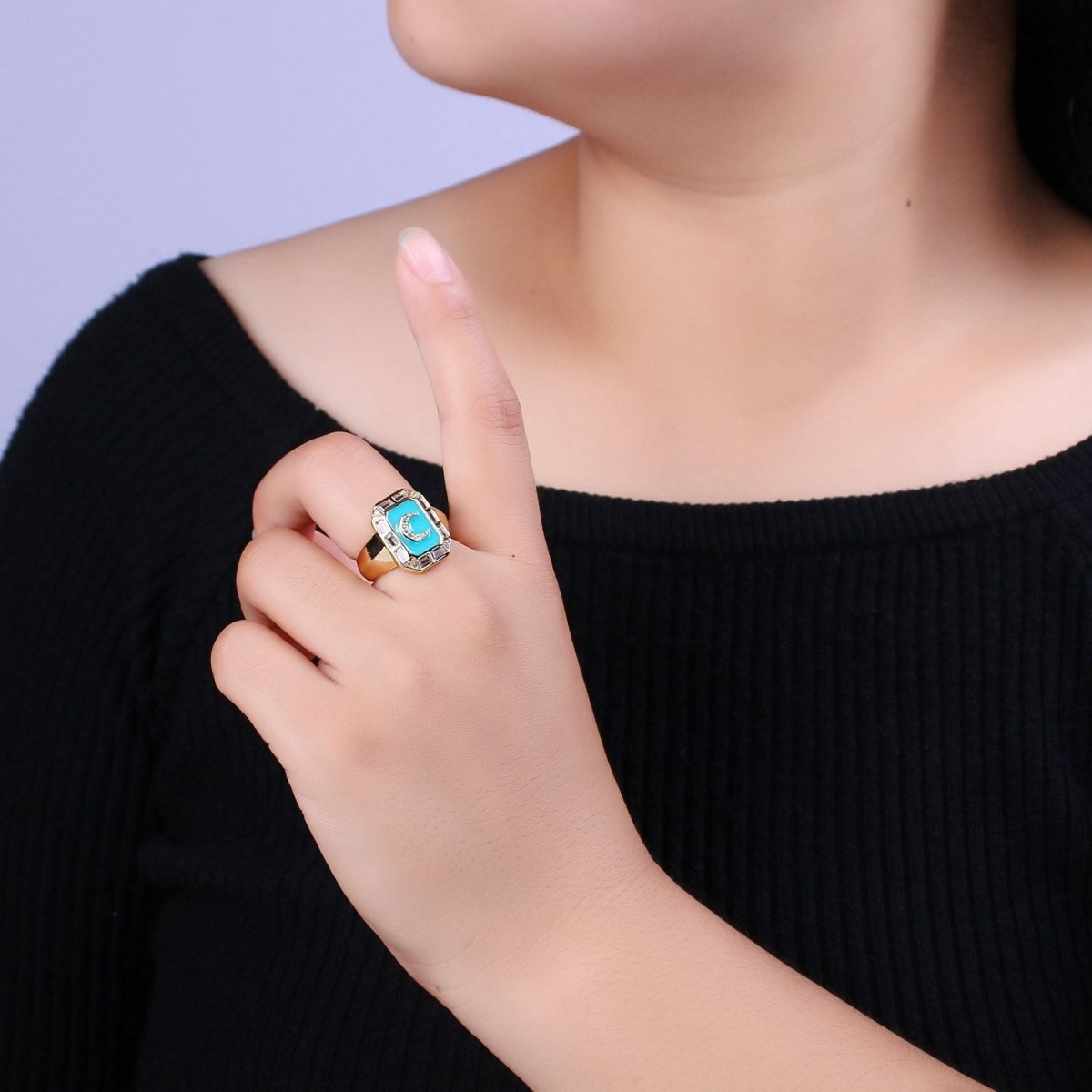 Crescent Moon Spinel Signet Ring Gold Chunky Ring Celestial Enamel Colorful Cz Jewelry U-001~U-005 - DLUXCA