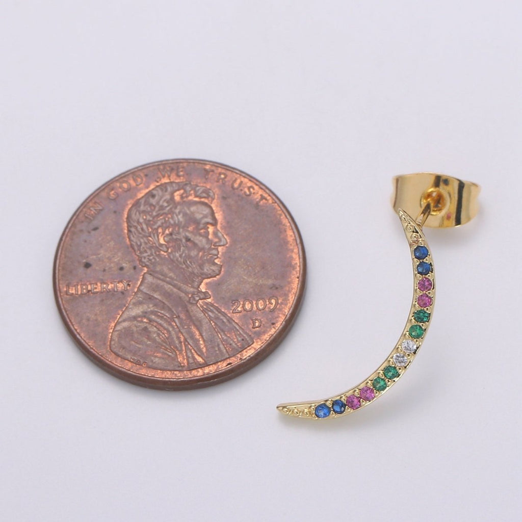 Cresent Moon Design 24K Gold Multi Color Pave Cz Stud Earring, Simplicity Metro Design Earring, Q-539 - DLUXCA