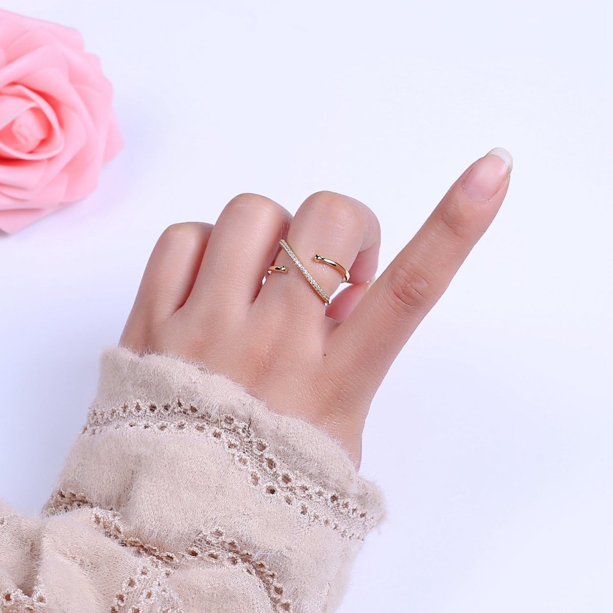 Criss Cross Ring - Double Band Ring - Gold Ring women Adjustable CZ Ring S-467 ~ S-470