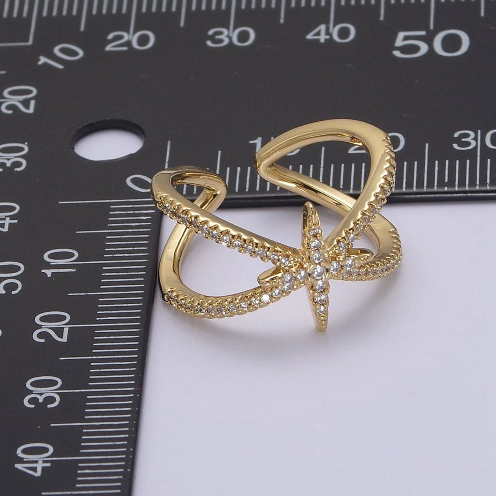 Criss Cross Star Ring, CZ Ring, Statement Ring Silver, X rings, Crossover Ring Open Adjustable 14k Gold plated S-449 S-450 - DLUXCA