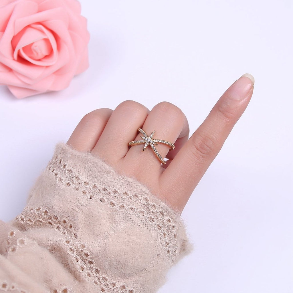 Criss Cross Star Ring, CZ Ring, Statement Ring Silver, X rings, Crossover Ring Open Adjustable 14k Gold plated S-449 S-450 - DLUXCA