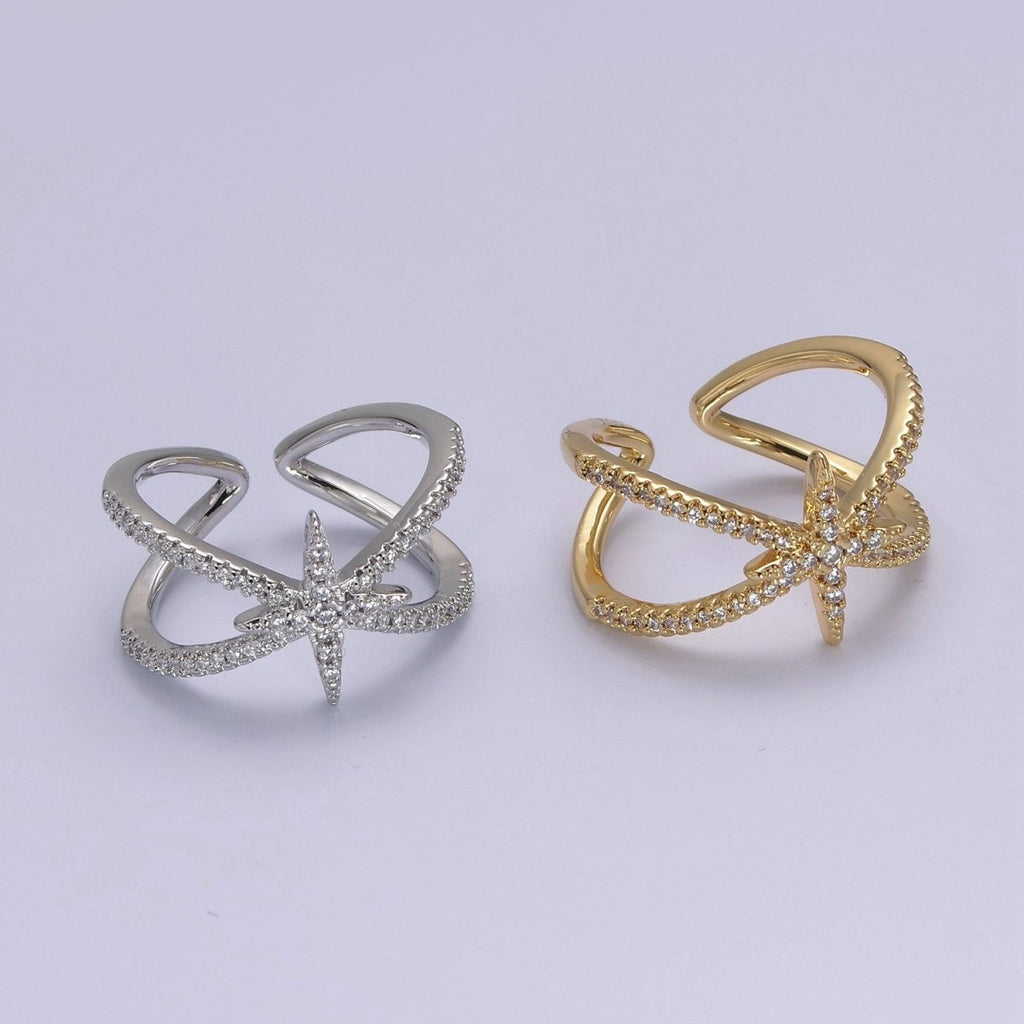 Criss Cross Star Ring, CZ Ring, Statement Ring Silver, X rings, Crossover Ring Open Adjustable 14k Gold plated S-449 S-450 - DLUXCA