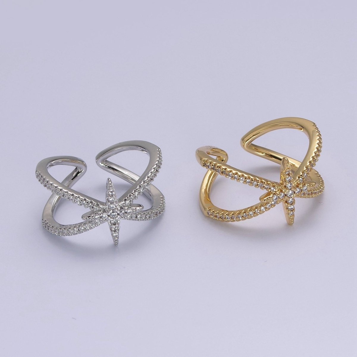 Criss Cross Star Ring, CZ Ring, Statement Ring Silver, X rings, Crossover Ring Open Adjustable 14k Gold plated S-449 S-450 - DLUXCA