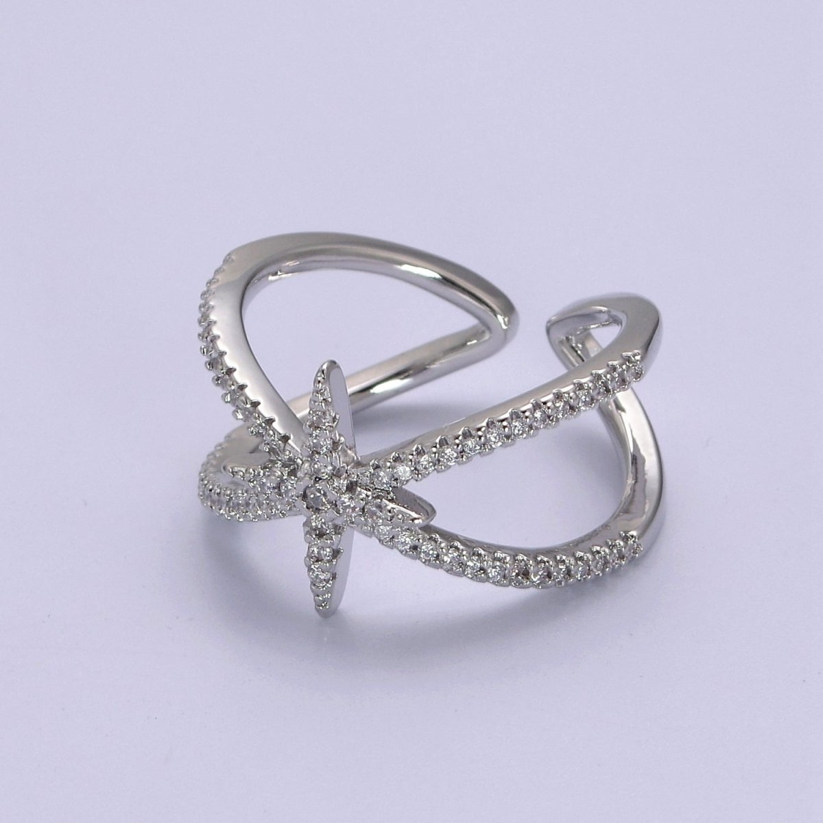 Criss Cross Star Ring, CZ Ring, Statement Ring Silver, X rings, Crossover Ring Open Adjustable 14k Gold plated S-449 S-450 - DLUXCA