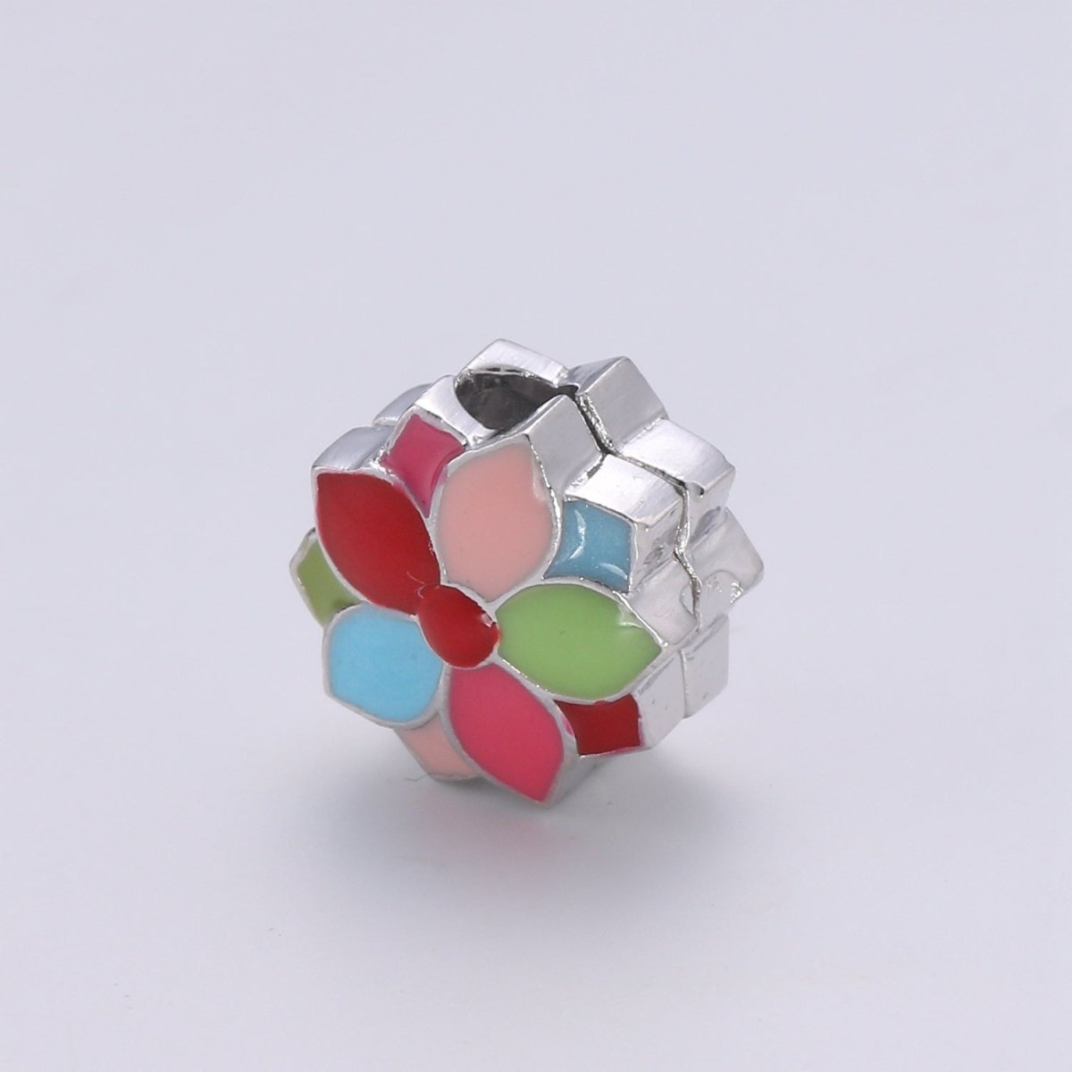 Crystal and Colorful Flower on Gold plated Round Beads CZ Silver Floral Nature Jewelry Making Beads B361 - DLUXCA