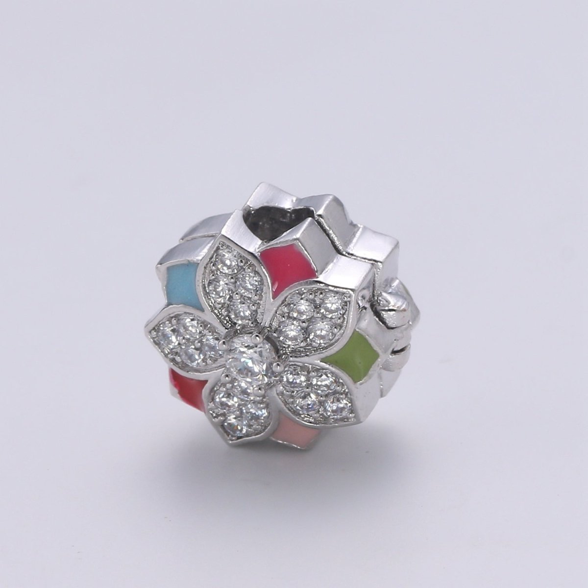 Crystal and Colorful Flower on Gold plated Round Beads CZ Silver Floral Nature Jewelry Making Beads B361 - DLUXCA