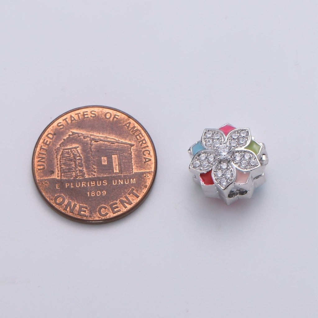 Crystal and Colorful Flower on Gold plated Round Beads CZ Silver Floral Nature Jewelry Making Beads B361 - DLUXCA