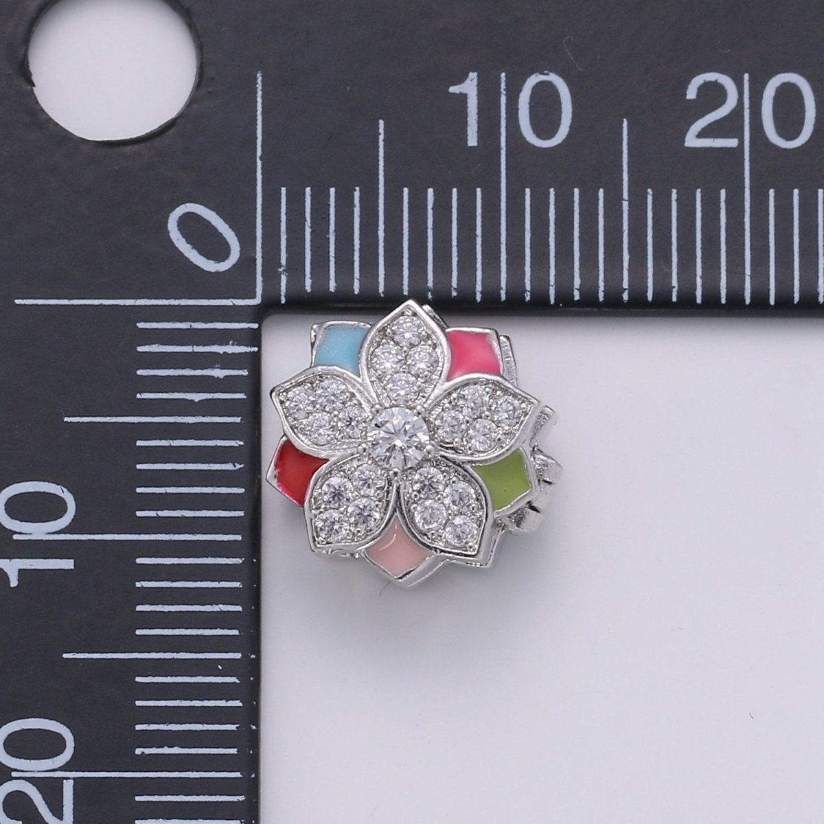 Crystal and Colorful Flower on Gold plated Round Beads CZ Silver Floral Nature Jewelry Making Beads B361 - DLUXCA