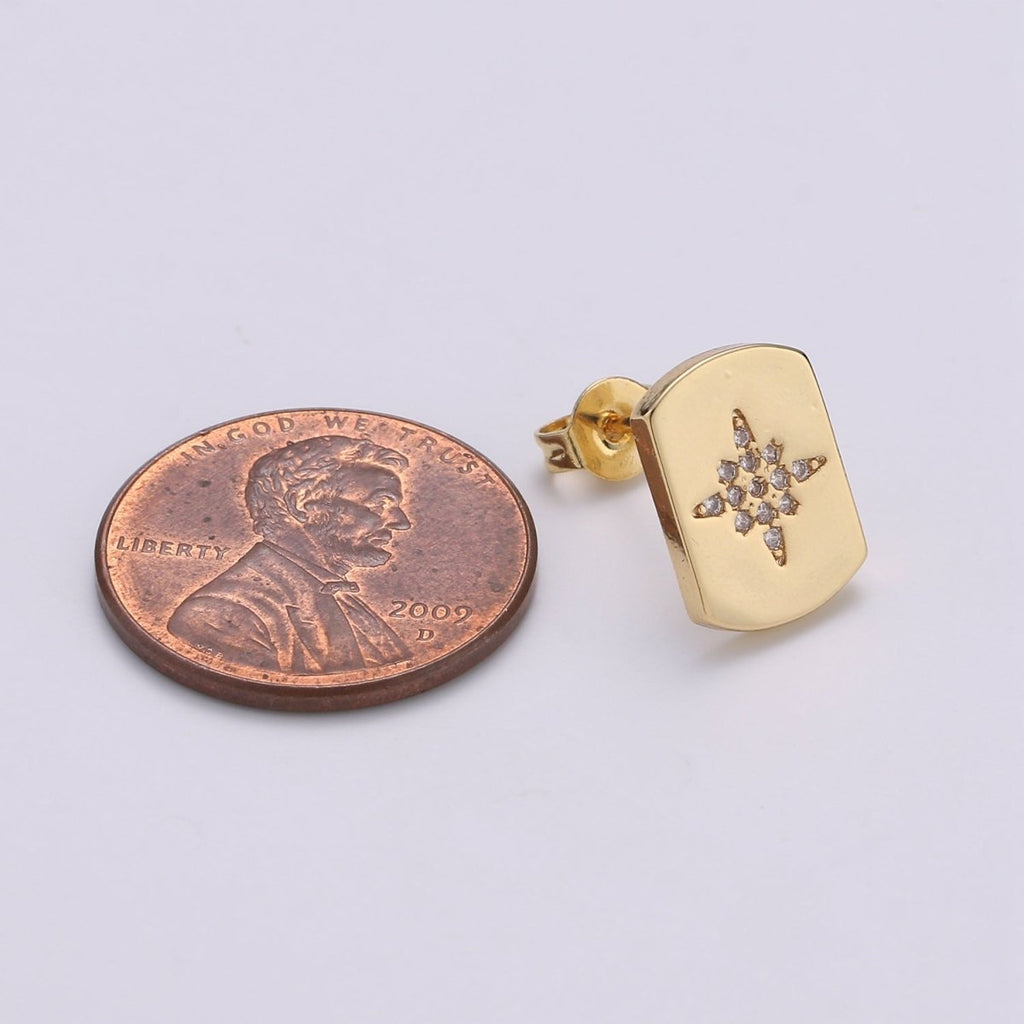 Crystal Star Flower Ornament on Golden Square Studs Earrings CZ Geometric Square Rectangle Shape Casual/Formal Daily Wear Earring Jewelry Q-256 - DLUXCA
