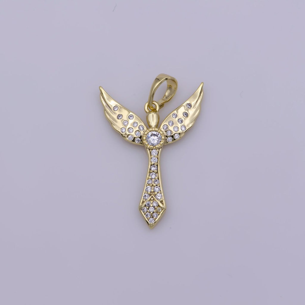 Cubic Angel Pendant 14k Gold Flled Angel Wing Charm Religious Christmas Jewelry N-1337 - DLUXCA