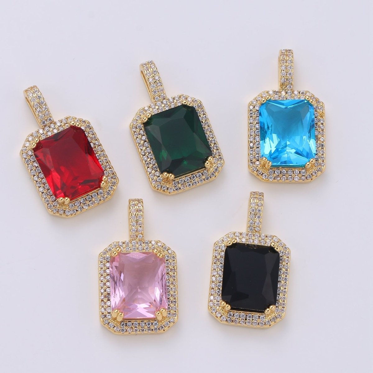 Cubic Blue, Black, Green, Pink, Red 24k Gold plated Solitaire Micro Pave Pendant, Large Emerald Diamond Cut Square Cz Stone Pendant, J-238~J-242