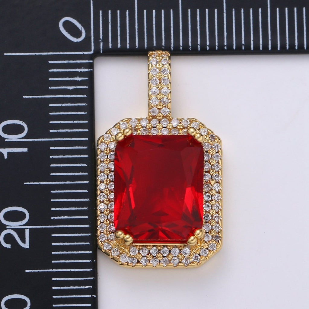 Cubic Blue, Black, Green, Pink, Red 24k Gold plated Solitaire Micro Pave Pendant, Large Emerald Diamond Cut Square Cz Stone Pendant, J-238~J-242