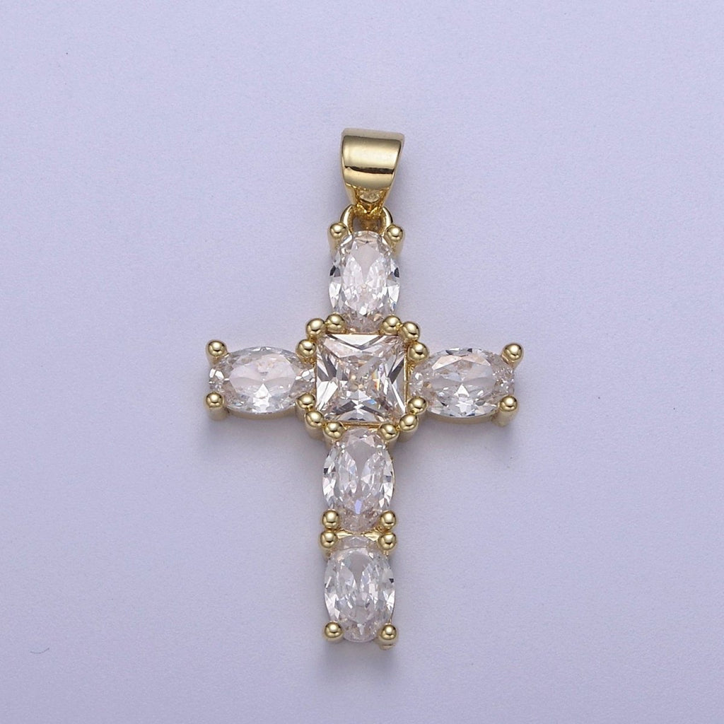 Cubic Zirconia Cross Pendant 14K Gold plated Cross charm for Religious jewelry Making H-400 - DLUXCA