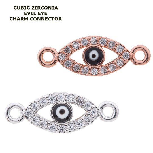 Cubic Zirconia Outlined Evil Eye Protection Gold plated  Cooper Charm Connector Crystal Rhinestone CZ Pave Czech Made For Bracelet F-338 F-615 F-616