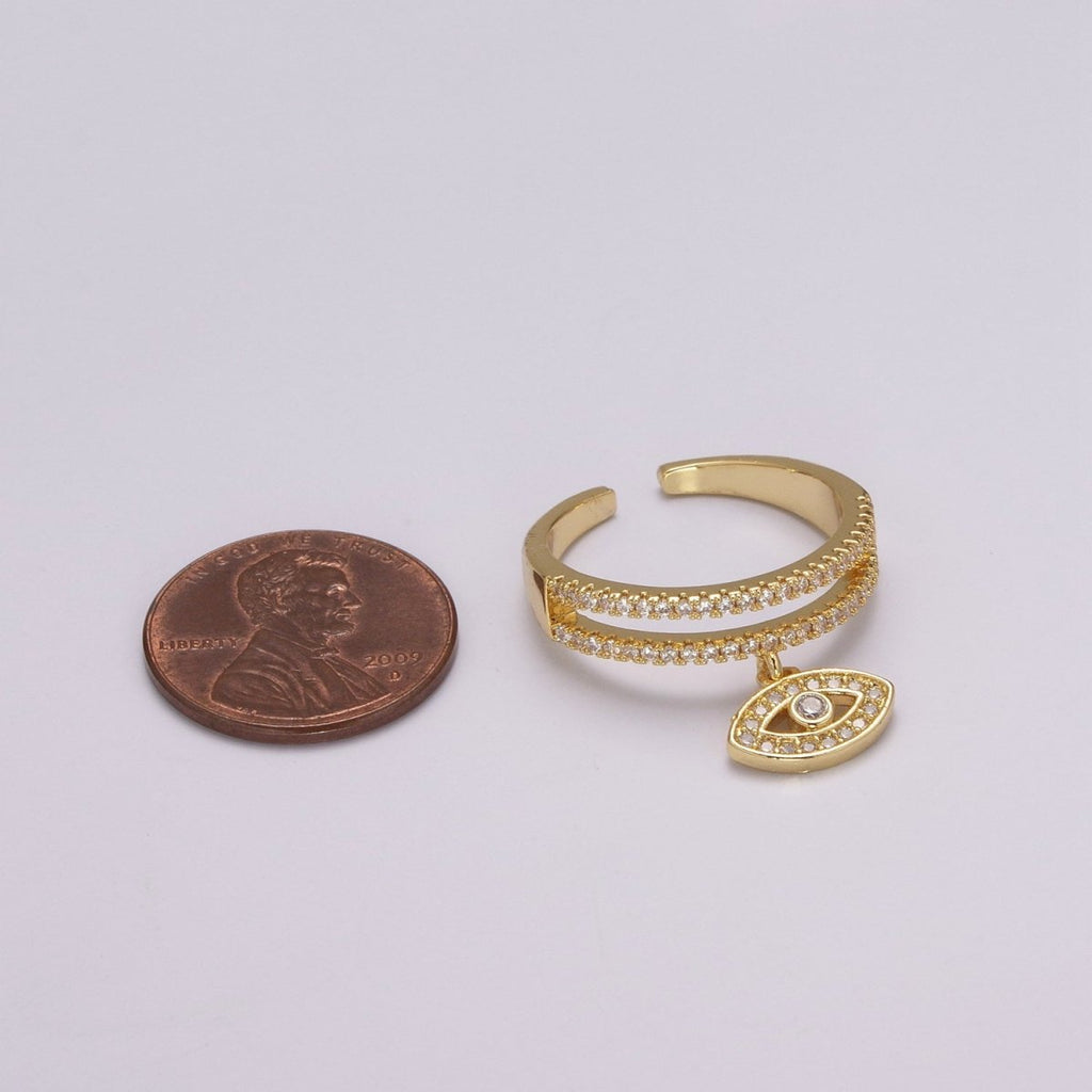 Cute Cz Gold Evil eye ring - Stackable Eye Ring - CZ Rings - Dangle Eye Ring - Dainty Stackable Rings - Adjustable Open Ring U-120 - DLUXCA