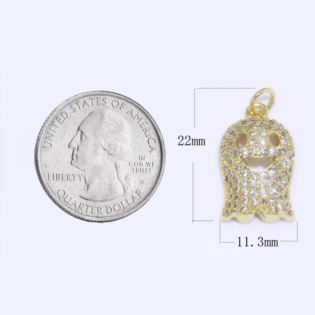 Cute Ghost Charm, Micro Pave Gold plated Ghost Charm Necklace, Halloween Gift for Necklace Bracelet Earring Jewelry Making Supply M-563 - DLUXCA