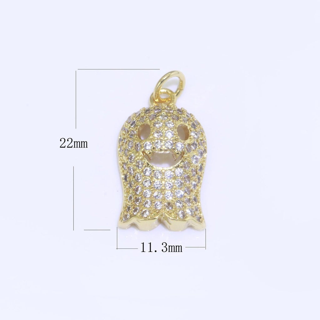 Cute Ghost Charm, Micro Pave Gold plated Ghost Charm Necklace, Halloween Gift for Necklace Bracelet Earring Jewelry Making Supply M-563 - DLUXCA