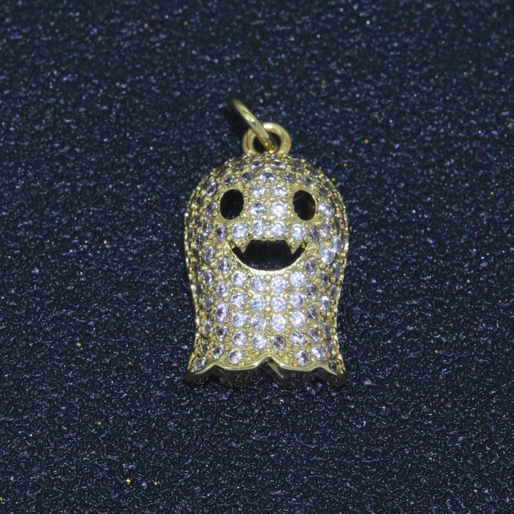 Cute Ghost Charm, Micro Pave Gold plated Ghost Charm Necklace, Halloween Gift for Necklace Bracelet Earring Jewelry Making Supply M-563 - DLUXCA