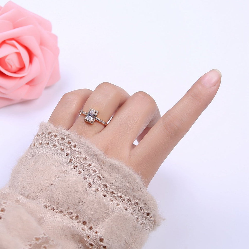 CZ 16k Gold plated Princess Cut Diamond Cubic Bezel Set Ring Wedding Band Birthday Christmas Gift U-310 - DLUXCA