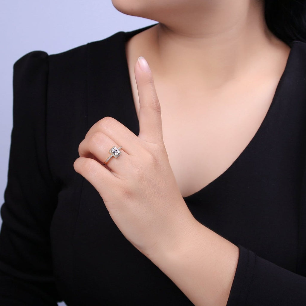 CZ 16k Gold plated Princess Cut Diamond Cubic Bezel Set Ring Wedding Band Birthday Christmas Gift U-310 - DLUXCA