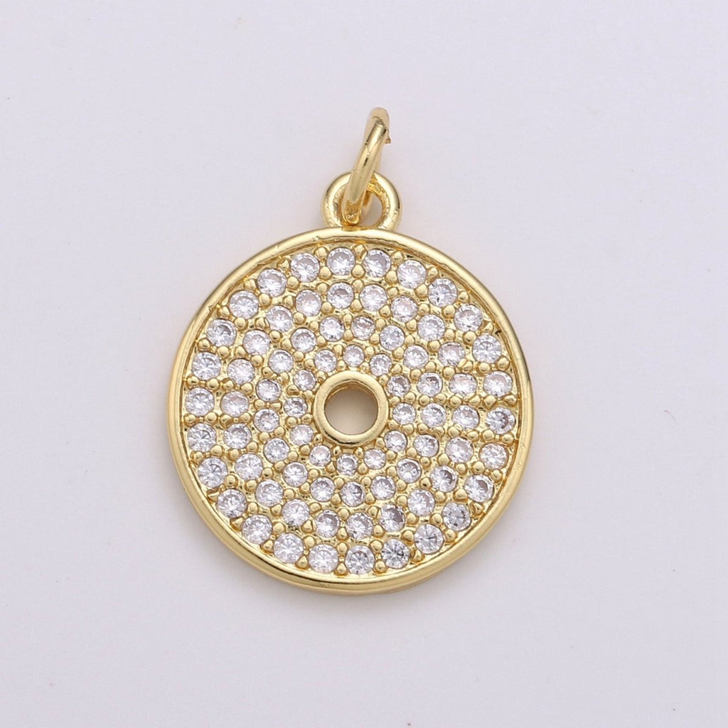 CZ Clear Micro Pave Coin Charm, Round Disc Pave Charm, Gold plated Micro Pave Dangle Charms for Necklace Bracelet Earring Supply D-352 - DLUXCA